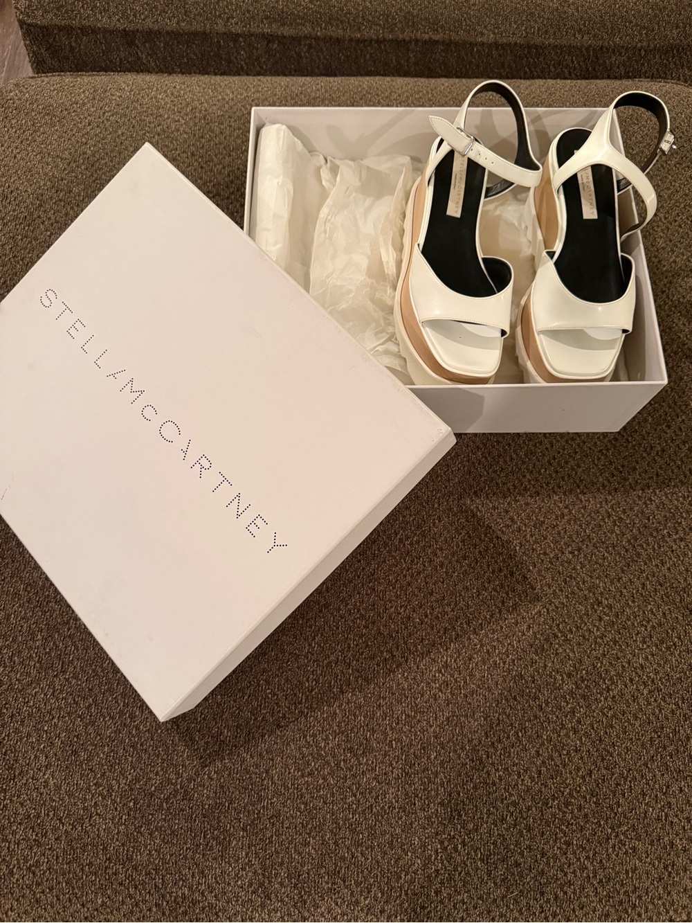 Stella McCartney White Patent Platform Sandals with Tan Sole